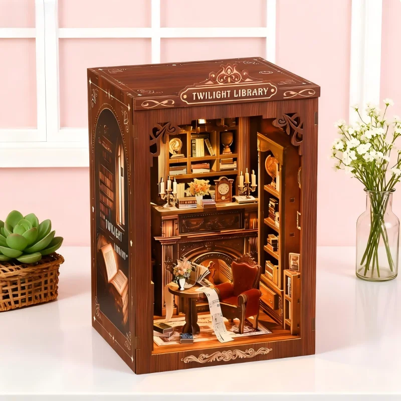Kit di angolo per libri in legno 3D Casa delle bambole in miniatura fai-da-te Angolo di lettura crepuscolare Progetto creativo Regalo per gli amici Compleanno Decorazioni per la casa