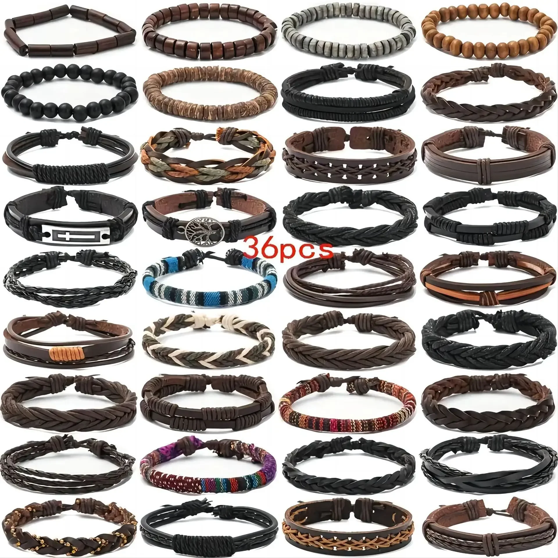 36Pcs Men's Leather Bracelet Set Braided Beaded Multilayer Wristband Vintage Punk Boho Adjustable Bangle Jewelry Gift for Men