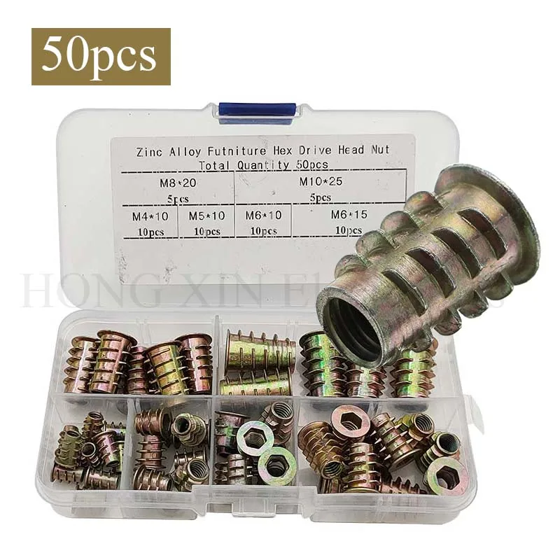 

50pieces zinc alloy screw-in type hex drive threaded insert nuts assortment, hexagon socket nuts ​ thread insert nuts M4-M10