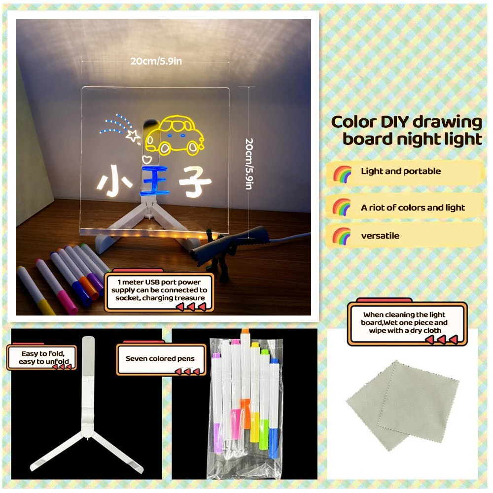 LED Note Board With Night Light 7 Colors Pen Drawing Board Acrylic Dry Erase Board For Office School Home