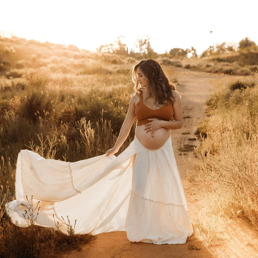 Maternity Photography Props Dress Linen Cotton Long Skirt&Knit Camisole Top Pairing Wilderness Style Photography Clothing