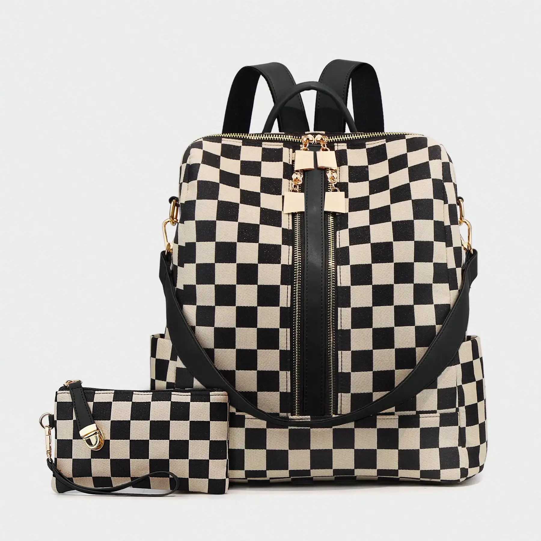 Checkerboard Pattern Backpack Set, Women'S Fashionable Vintage Casual Large Capacity Zipper Travel Backpack & Wristlet, Multifunctional Bag Set For Daily Use
