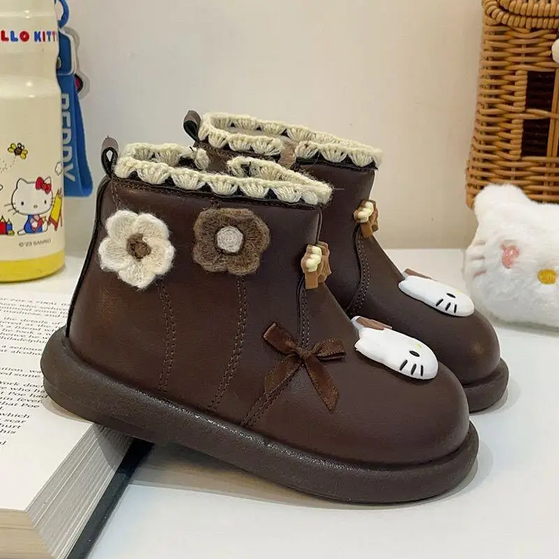 سانريو مرحبا كيتي الفتيات أحذية قصيرة أحذية الأميرة البيج القوس اللؤلؤ القطن أحذية الخريف الشتاء الأحذية الجلدية الناعمة للأطفال