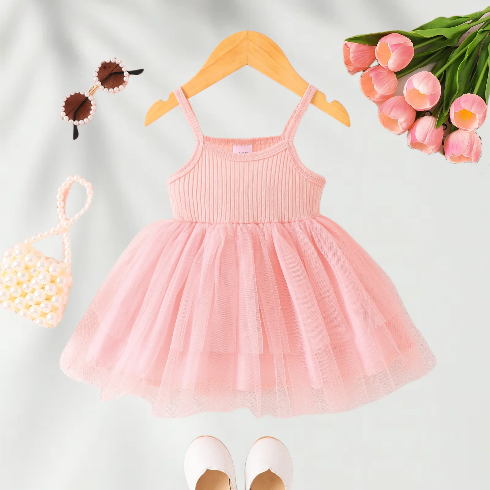 2026 Summer 0-2Y Infant Toddler Girls Solid Color Fluffy Mesh Sling Princess Dresses Suspender Dress Baby Clothes