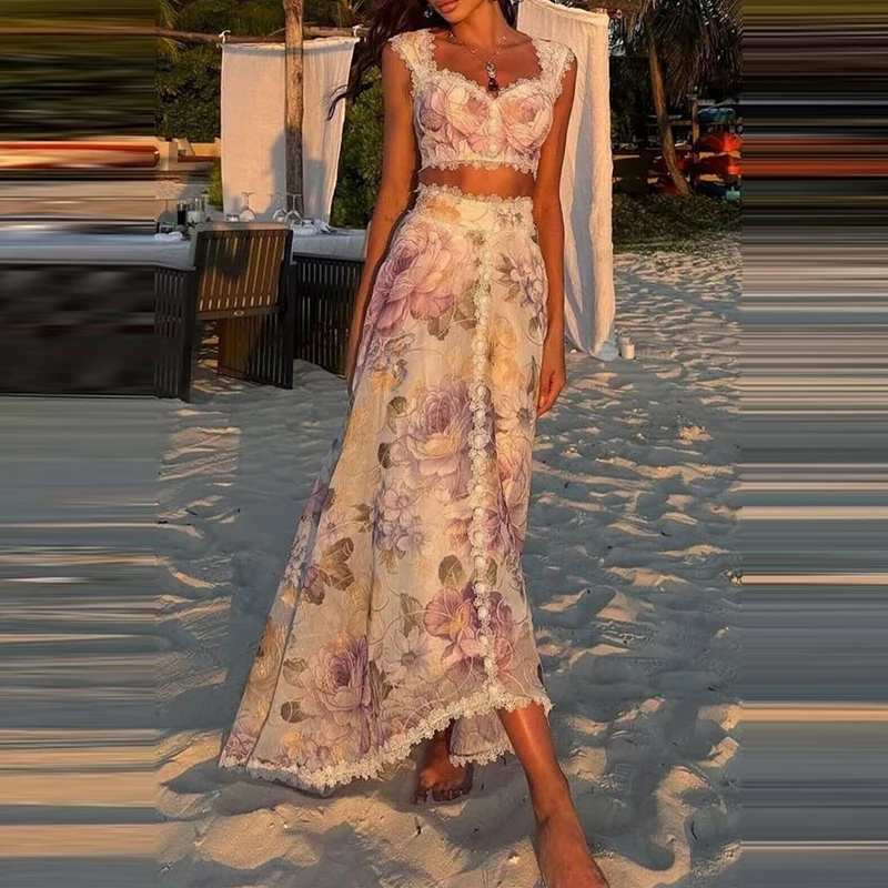 Sexy Sleeveless Floral Print Long Skirt Suit Women Fashion Waist 2Pc Bohe Set Elegant V-neck Spaghetti Strap Top & Skirt Outfits