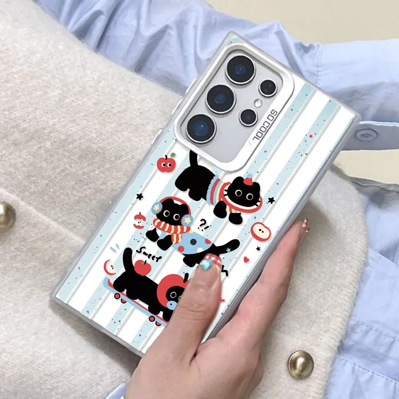 

For Samsung Galaxy S25 S22 Ultra Plus S21 FE S24 S23 Ultra Plus FE Laser Phone Case Cartoon Animal Cute Apple Cat Back Covers