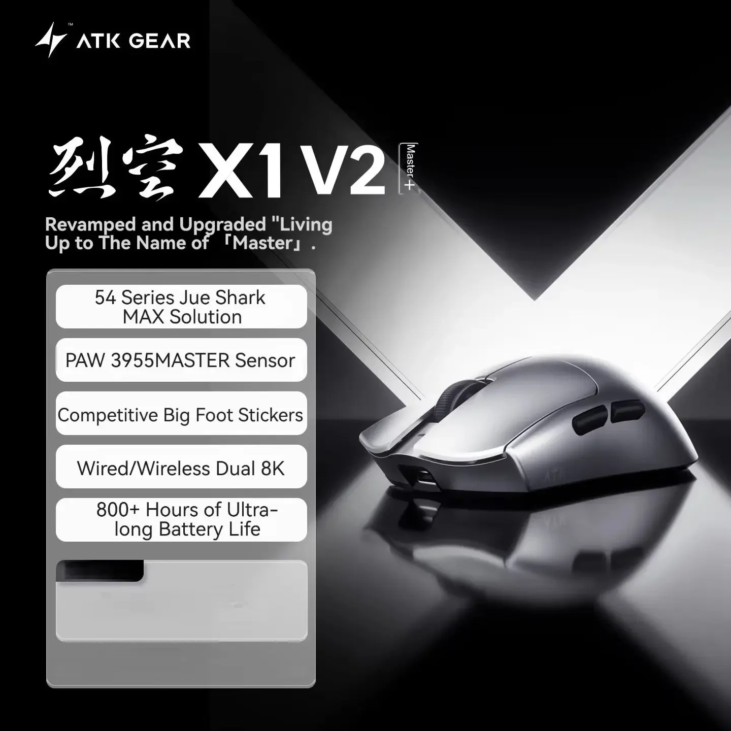 ATK Blazing Sky X1 V2 Ultimate Master+ Wireless Mouse 48g PAW3955MASTER Dual 8K Ergonomic Medium-Large Hand for Gaming Office PC