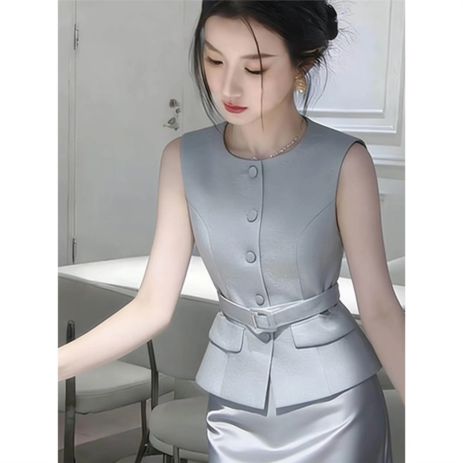 New High Quality Fashion Women's Suit Summer O-neck Sleevless Slim Vest Top + A-line Satin Midi Skirt Two Piece Set Elegant view 3