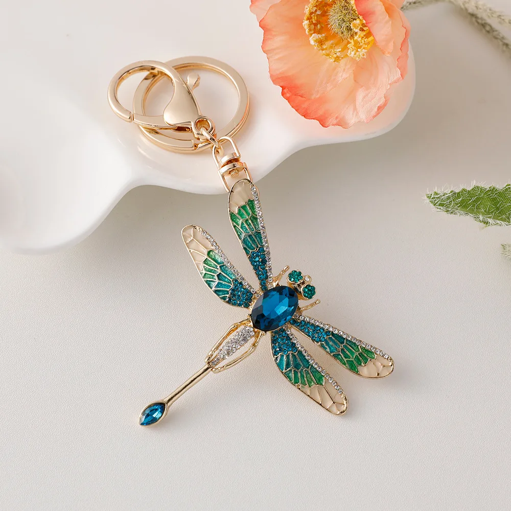 European American fashion color rhinestone dragonfly keychain insect creative bag hanging exquisite gift car decoration pendant