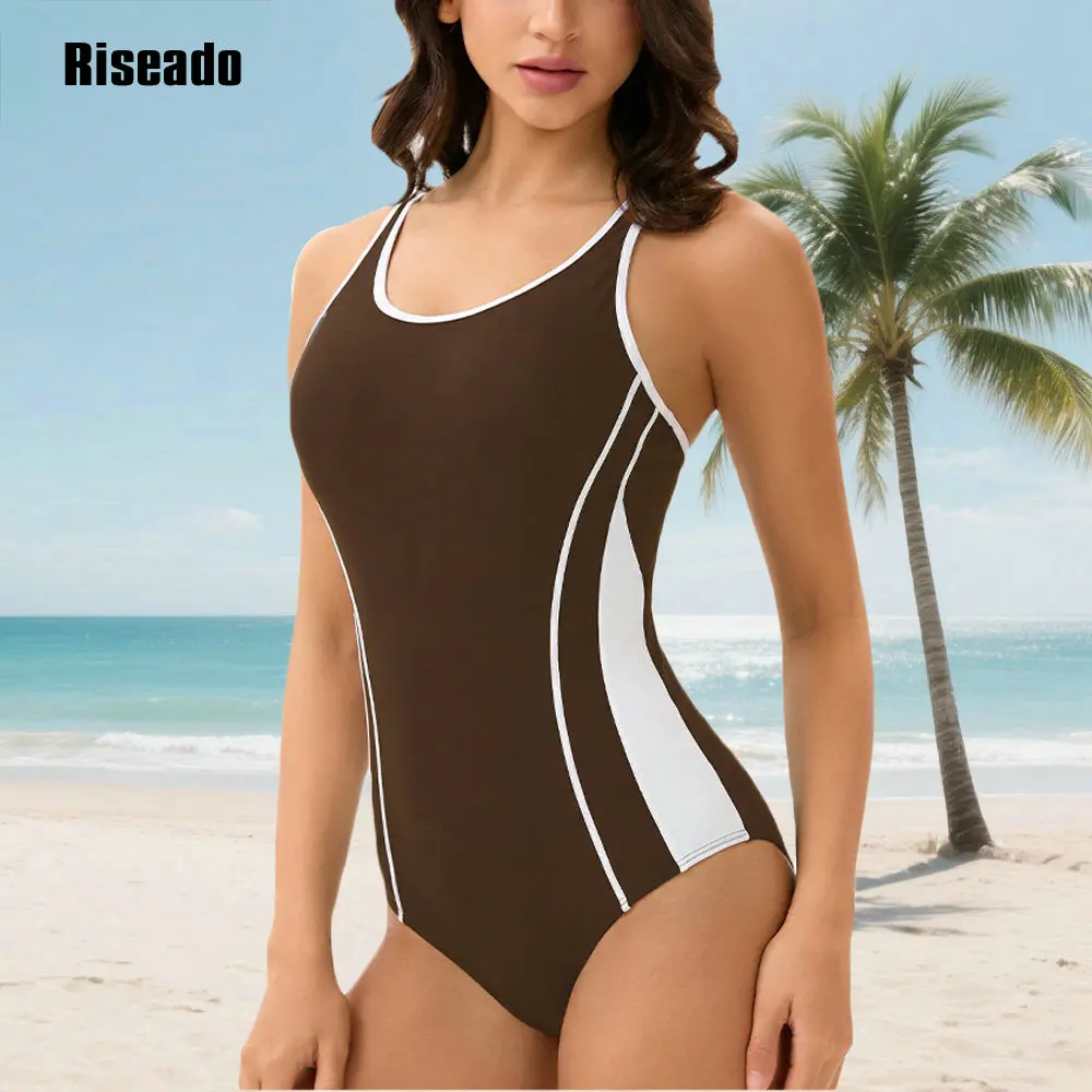 Womens Color Block Print One Piece Swimsuits Athletic Training Swimwear Sexy High Waist Slimming Bathing Suits