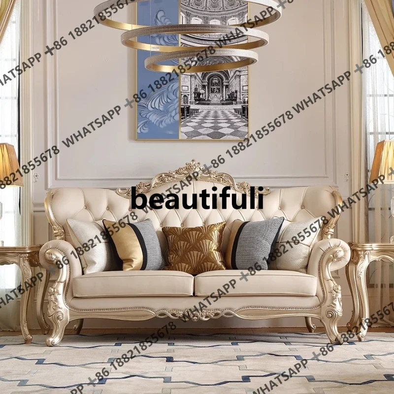 

French light luxury solid wood leather sofa European carved large flat floor living room sofa combination SE1