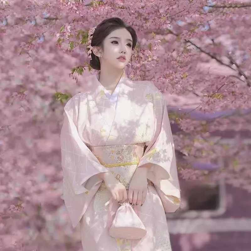 2025 New Design Japanese Kimono Pink Sakura Design Dance Perform Photoshooting Tour Anime Cosplay Halloween Costumes For Women