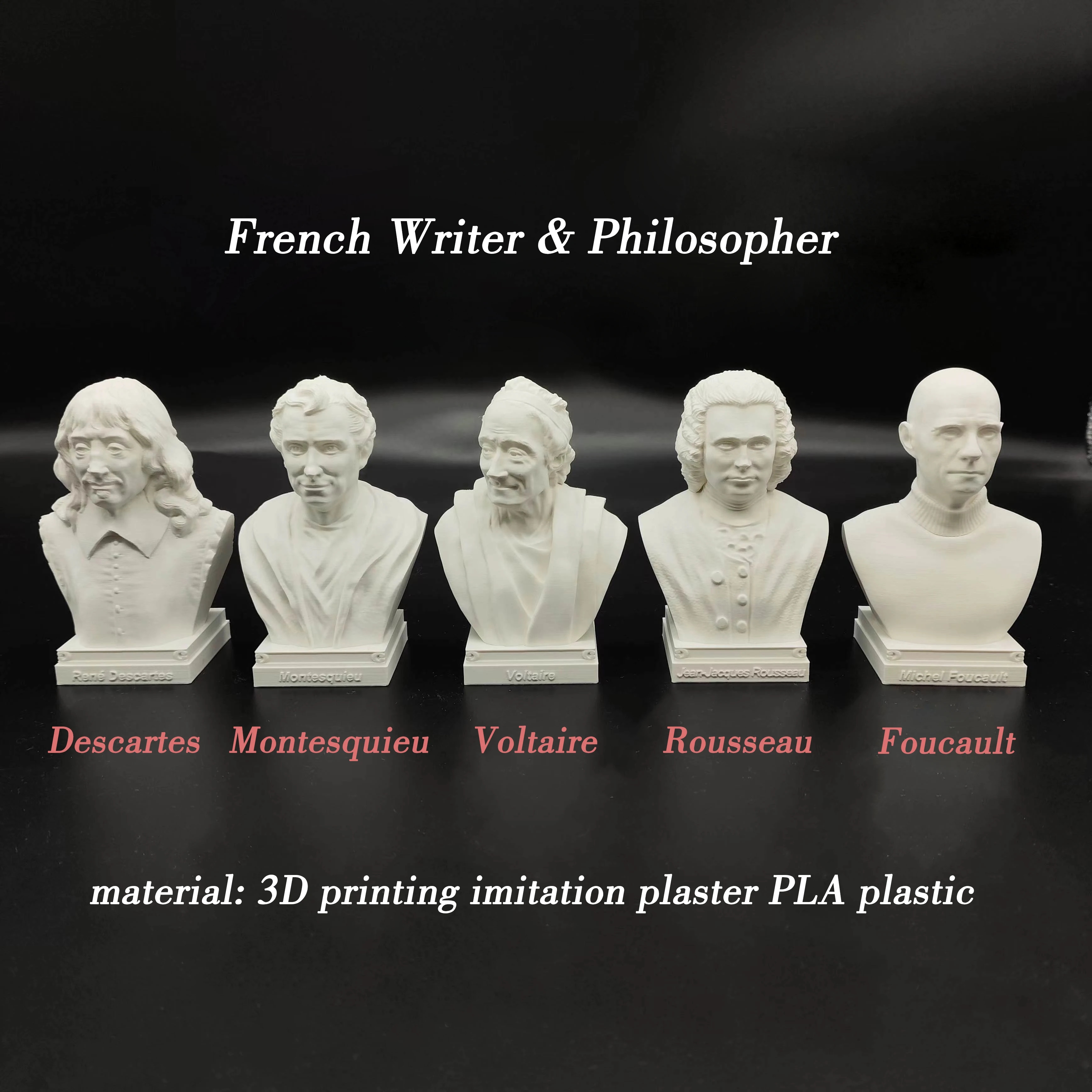 French writer philosopher ornaments Descartes, Montesquieu, Foucault, Voltaire and Rousseau imitation plaster statues  souvenirs