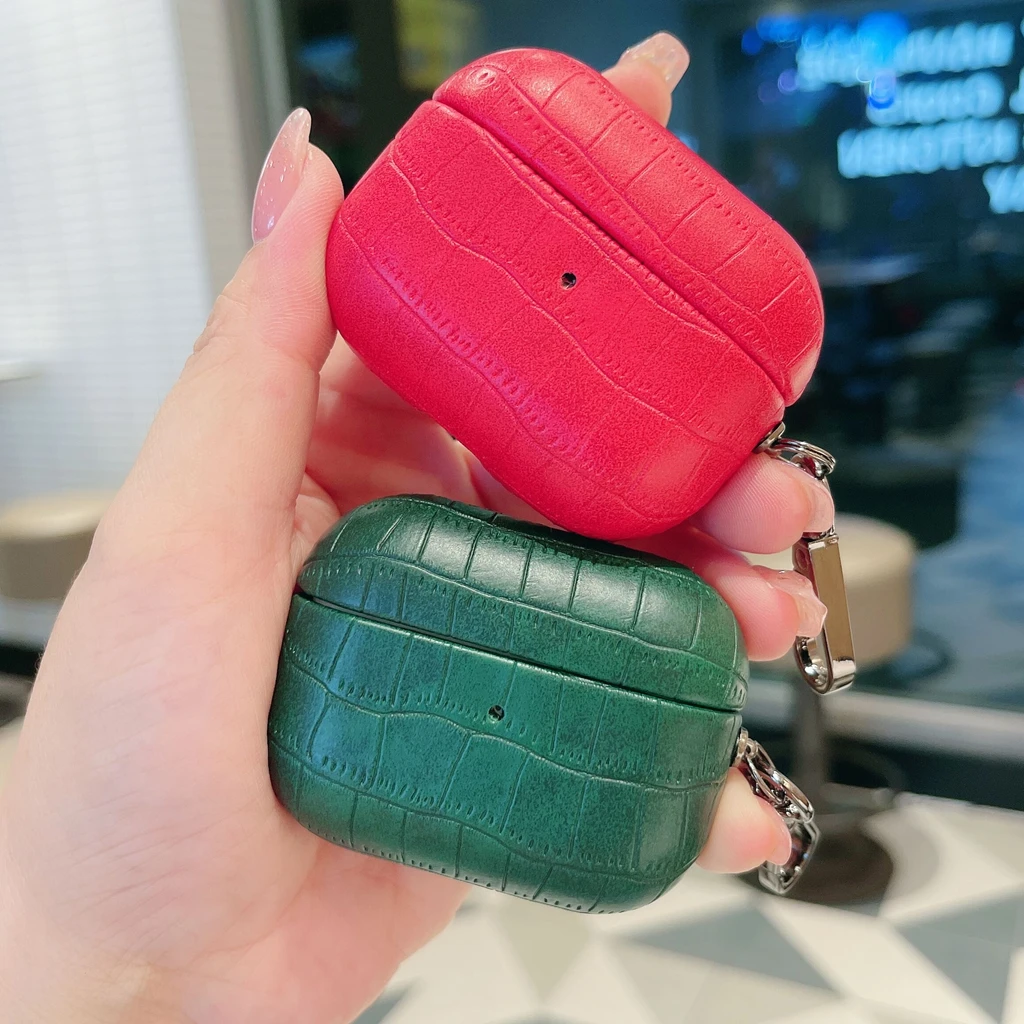 Luxury Retro Multiple Color Crocodile Pu Leather Texture With Hook Earphone Cover Case for AirPods 1 or 2 3 4 5 Pro 2 Pro 3