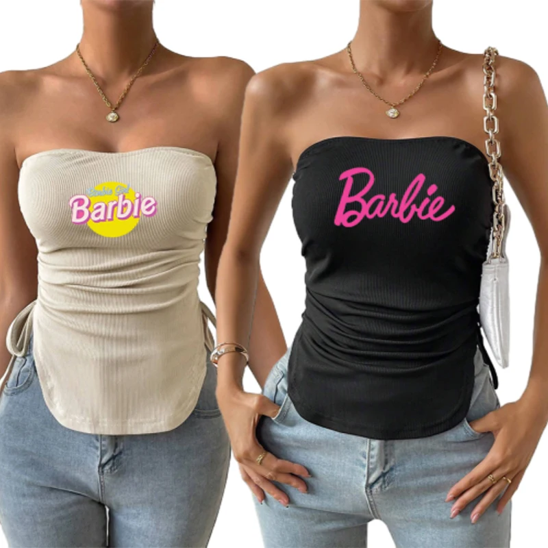 2024 New Barbie Fashion Y2K Girls Spring Summer Drawstring Short Tube Top Vest Sexy Kawaii Women Sleeveless Backless Streetwear