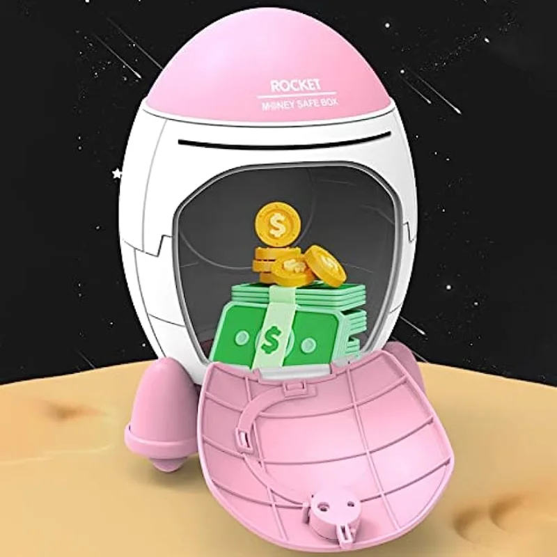 Rocket Ship Piggy Bank للفتيات، آمن للمال، عملة نقدية لرائد الفضاء، يمكن بنك ATM مع ملصق مفاتيح، هدية عيد الميلاد للأطفال