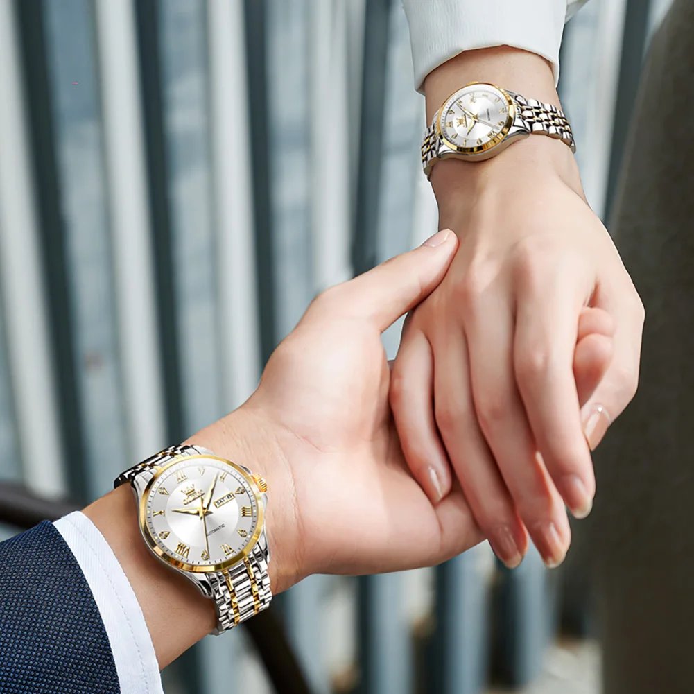 OLEVS 6702 العلامة التجارية الأصلية الفاخرة التلقائي ساعات الزوجين زوج مجموعة للنساء والرجال مقاوم للماء الذهب الميكانيكية عاشق ساعة اليد #6