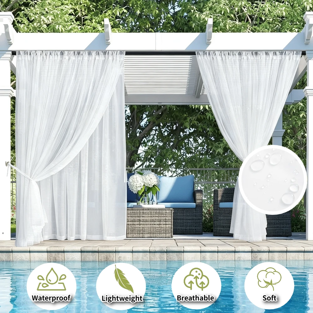 2 Panneaux de Rideaux Modernes Imperméables pour Extérieur, Voilages Transparents Solides pour Terrasse, Balcon, Vitrine, Rideaux d'Été
