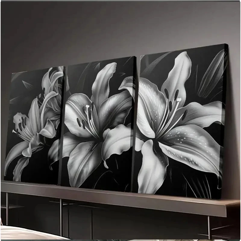 

Black White Lily Damond Painting New Diy Diamond Mosaic Jewelry Cross Stitch Full Round Diamond Art 3Pcs Flower Home Decor
