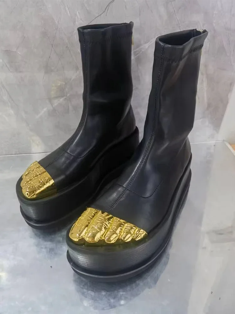 Sepatu Boots Wanita Golden Toe 2025, Model Stretch, Sol Tebal, Resleting, Platform Modern, Sepatu Retro Kulit, Wedge, Lima Jari, Tinggi Betis Sedang