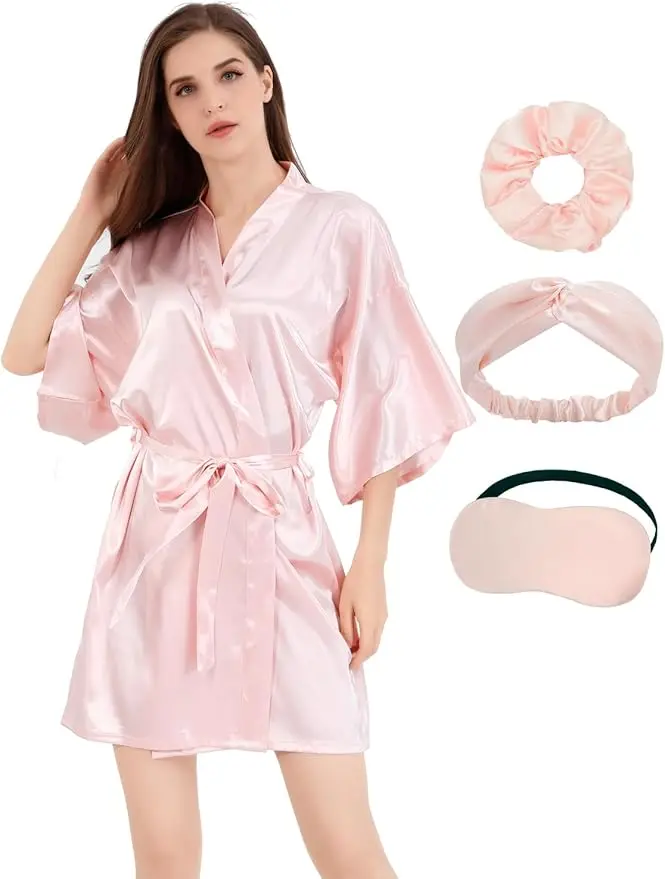 Women Bride Bridesmaid Silky Satin Kimono Robe Solid Color Sleepwear for Wedding Party Getting Ready, Short