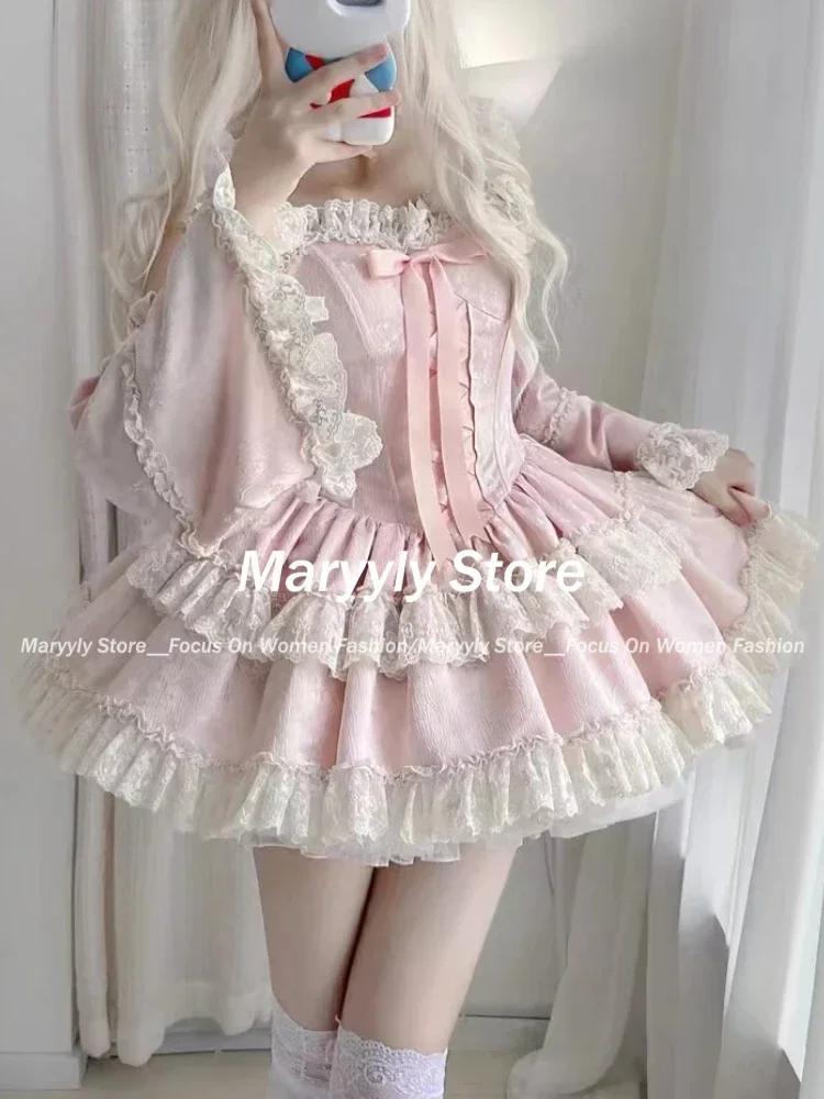 Japanese Sweet Lolita Style Princess Dress Women Kawaii Cute Lace Bow Slim Mini Dresses Elegant Y2k Harajuku Evening Party Dress