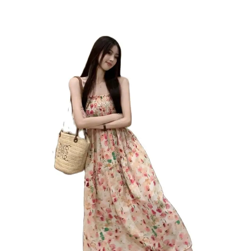 

French sweet floral slip dress women summer 2024 new fashion design sense pleated chic dress