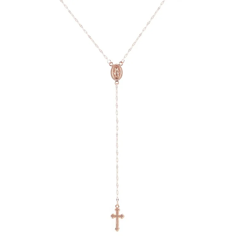 New Gold Silver Rose Color Christian Cross Pendant Necklaces For Women VintageReligious Rosary Long Necklace Clavicle Chian 2022