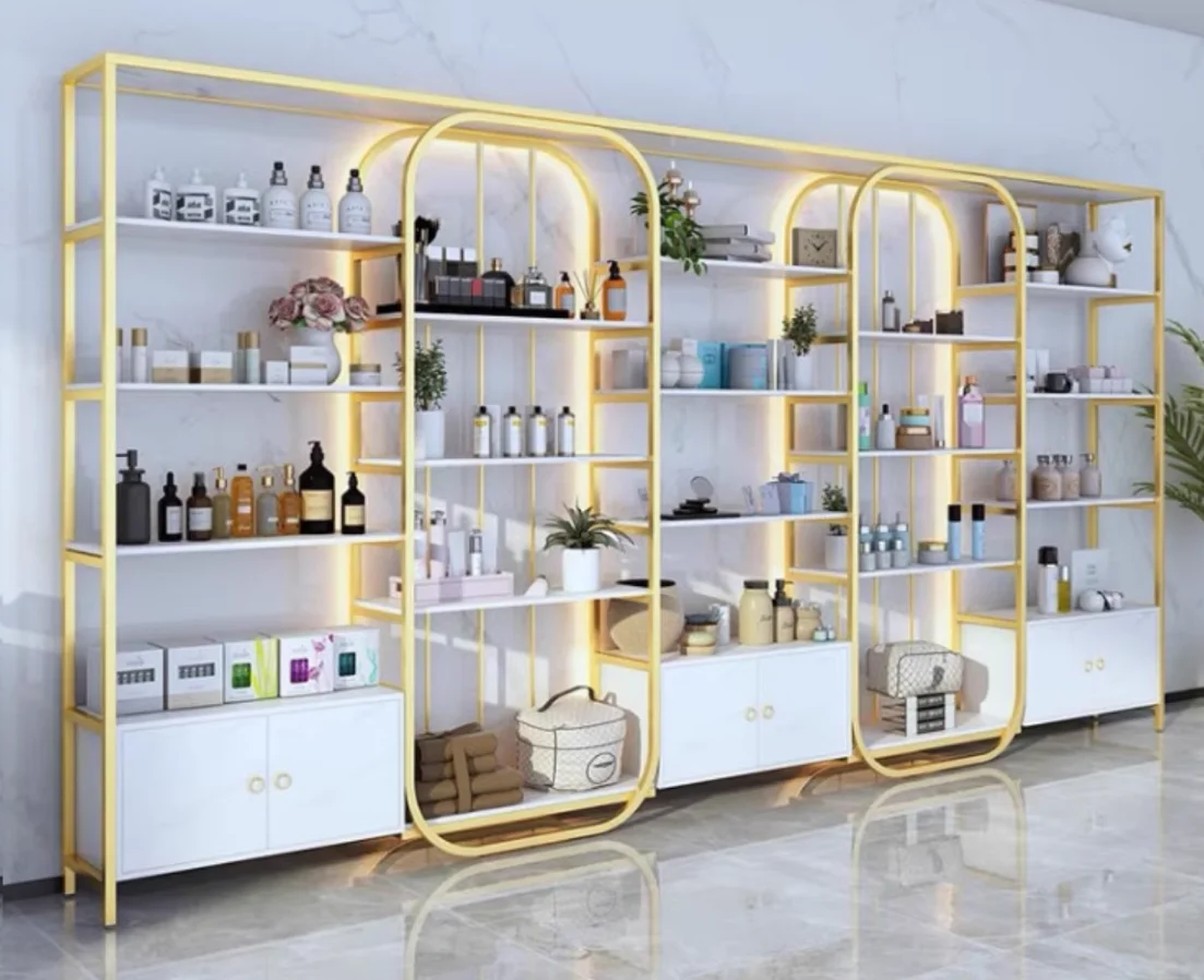 Cosmetics beauty salon skin care products display cabinet Nail makeup store shelves Hair health club live storage rack