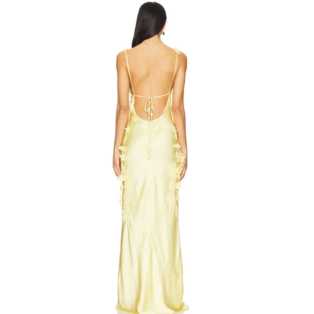 Elegant Pale Yellow Satin Women Butterfly Strap Maxi Dress Backless Slim Fit Formal Party Dates Evening Dress