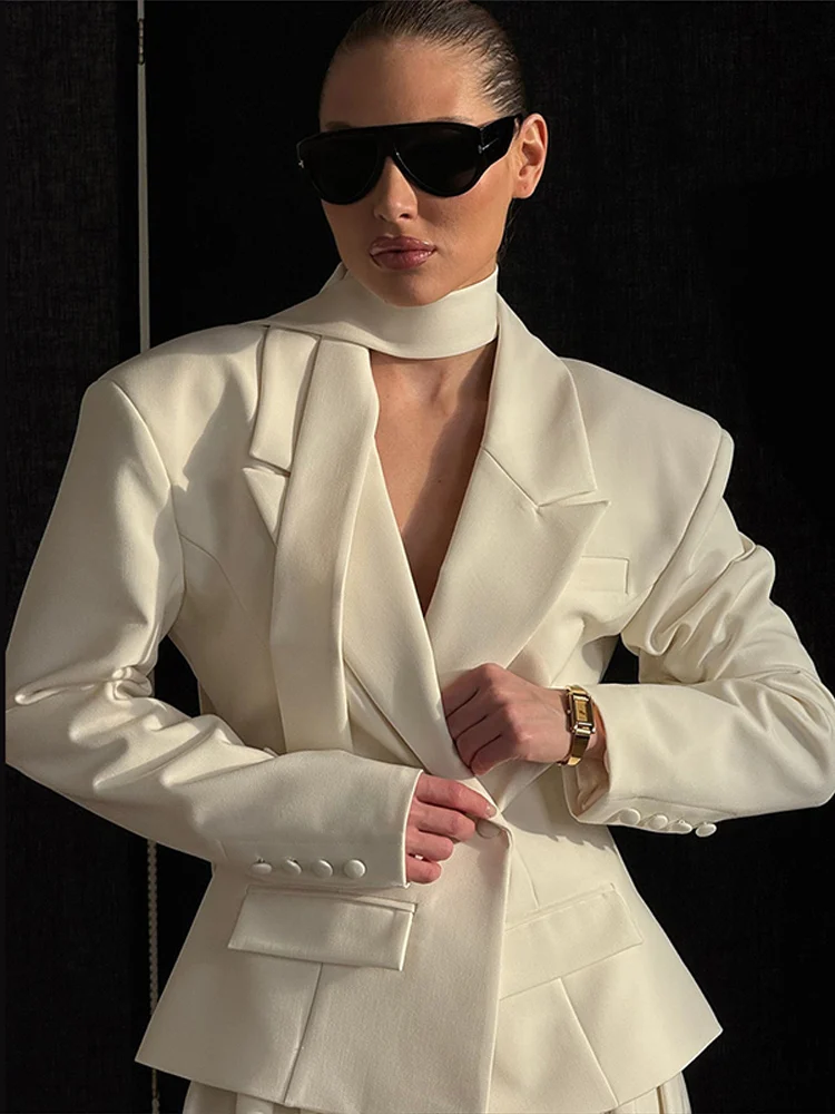 

Cinch Waist Suit Woman Slim Hanging Neck Pockets Coats Solid Color Single Button Jackets Long Sleeve Fashion Tops High Street