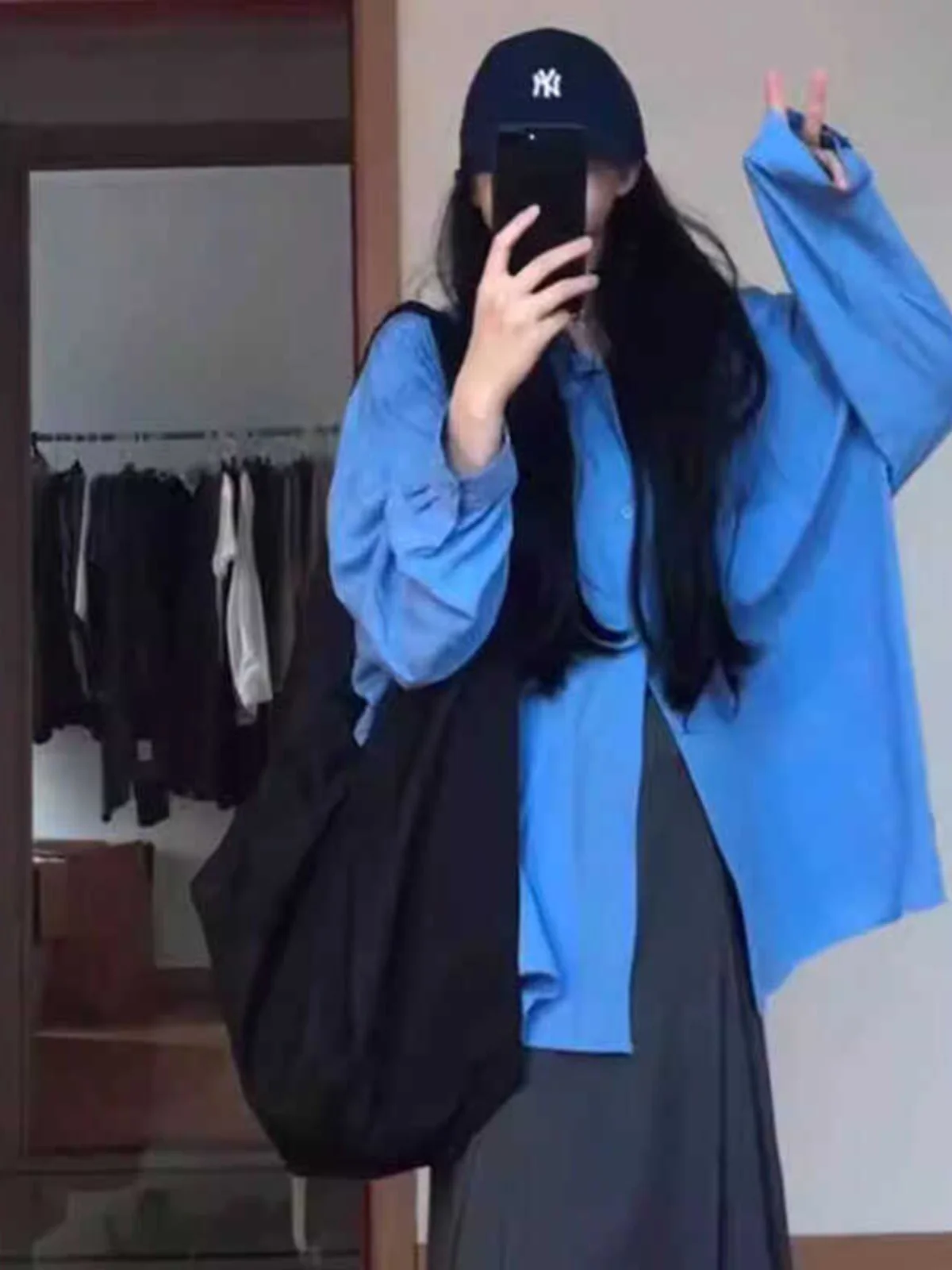 

American Retro Blue Klein Loose Long Sleeve Shirt Jacket Versatile Lazy Style High Sensation Commute Wind Women's Premium Shirt