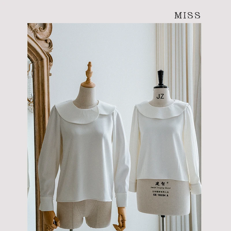 

Свободная длинная белая блузка с воротником-стойкой, весна-осень, новинка, женский топ с дизайнерским акцентом, маленький размер