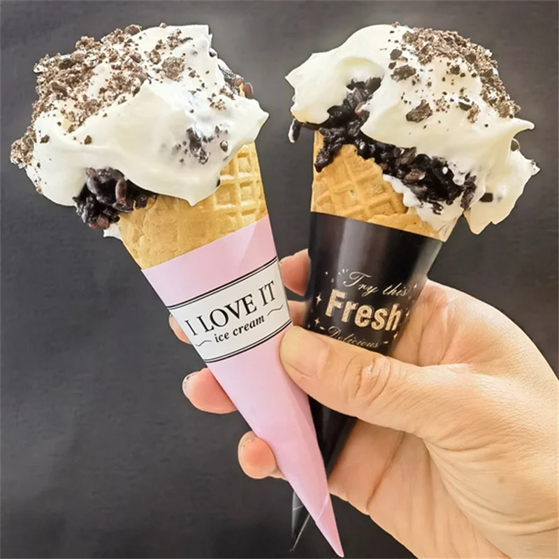 500pcs Biodegradable Custom Design Printed Disposable Paper Foil Cone Cups Holders Ice Cream Paper Rolled Cone Sleeves Cup wj94