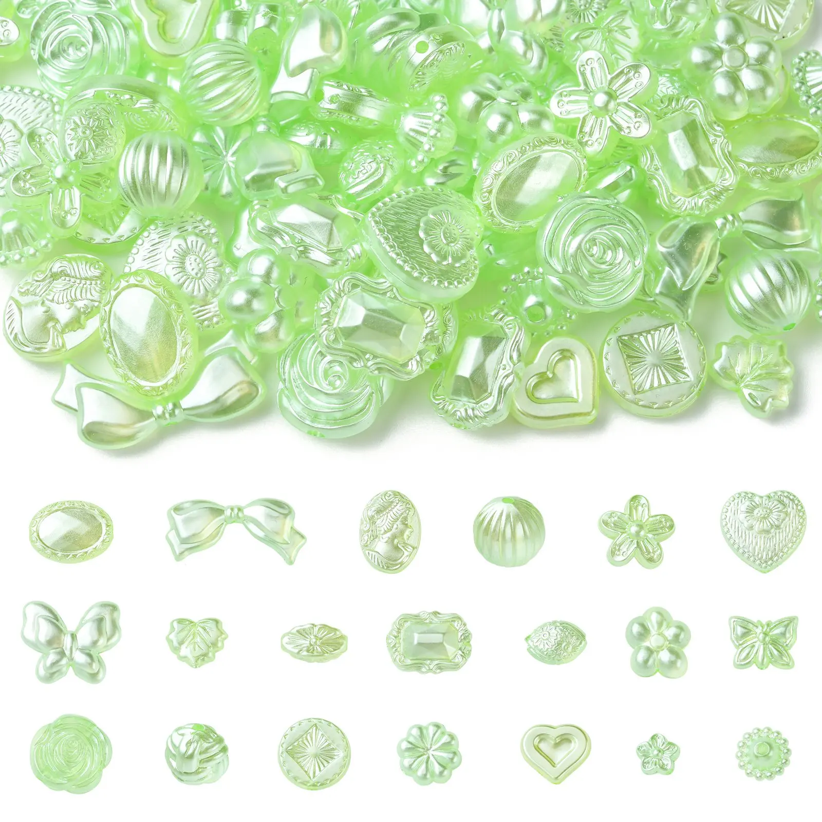 

100Pcs Green Acrylic Charms Beads Plastic Flower Heart Butterfly Loose Spacer Beads for DIY Jewelry Making Bracelets Necklaces