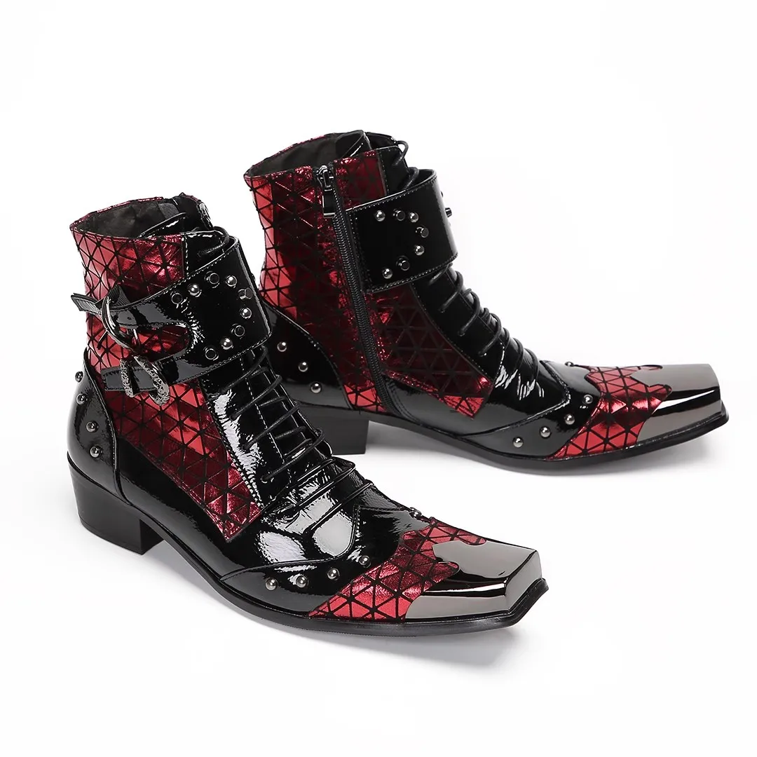 2024 New Square Toe Red Black Mixed Colors Men Boots Rivets Belt Buckle Trendy Punk Style Youth Bar Leather Boots