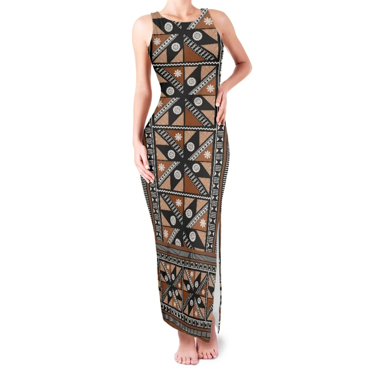 

Summer BodyconTank Sleeveless Slit Maxi Dresses Polynesian Tribal Clothing Hawaii Samoa Tapa Fijian Orange Print Sundress 2023