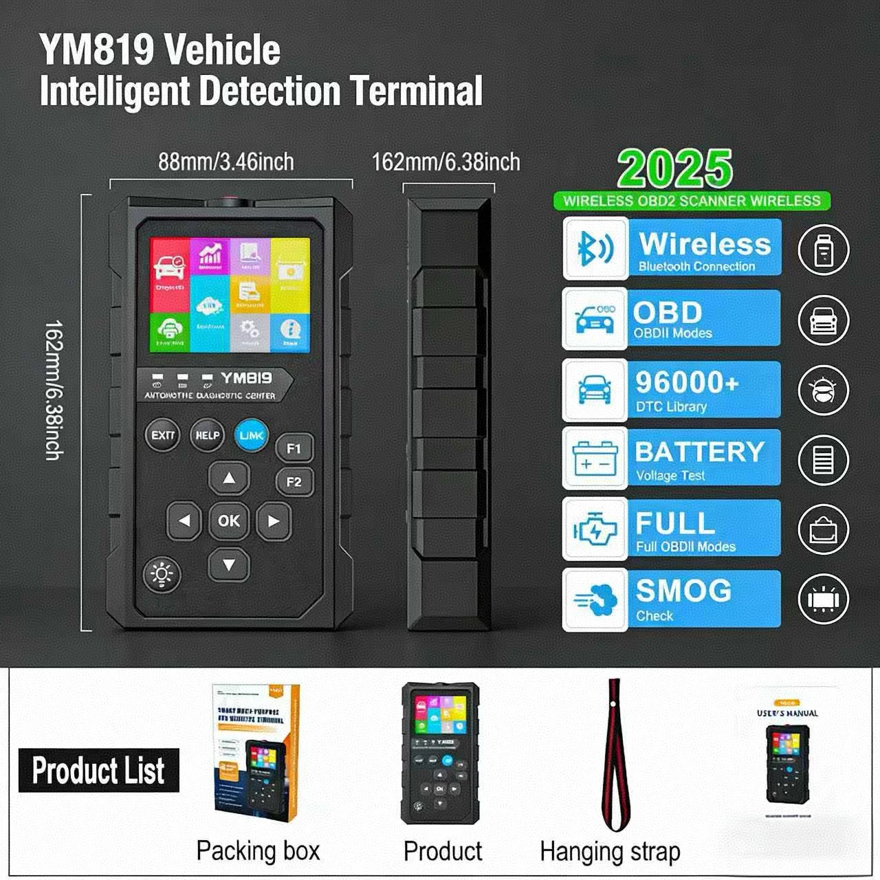 

YM819 Wireless OBD2 Scanner Car Diagnostic Tool With 96000+ DTC Library Battery Voltage Test Full OBD Modes And Smog Check