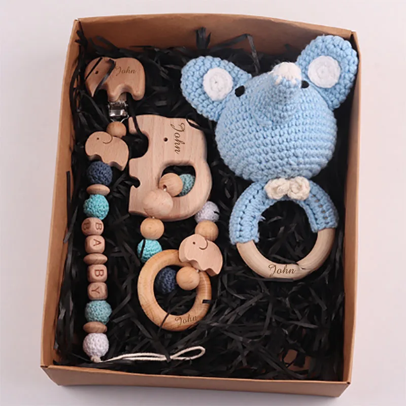 Personalized Bath Toys Set Elephant Pacifier Chain Bracelet Wooden Colored Woven Toys Baby Shower Decoration Newborn Gifts