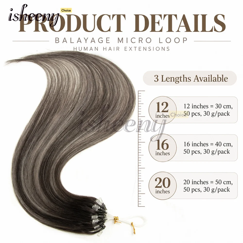 Gradient Colors Microloop Human Hair Extensions 16-20 inches 50pcs 30g/pack Natural Straight Microlink Hair for Women ISHEENY