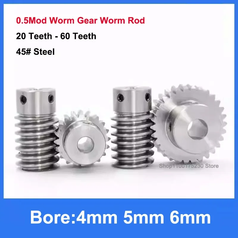 

1Pcs Worm Gear Wheel Worm Rod 0.5M 20T-60T 45# Steel 0.5 Modulus 20 Teeth-60 Teeth Worm Gear Bore 4mm 5mm 6mm