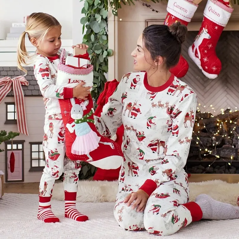 New Year's Clothes White Red Santa&elk Print Christmas Pajamas Set New Parent-child Clothing Cute Soft Homewear Baby Romper