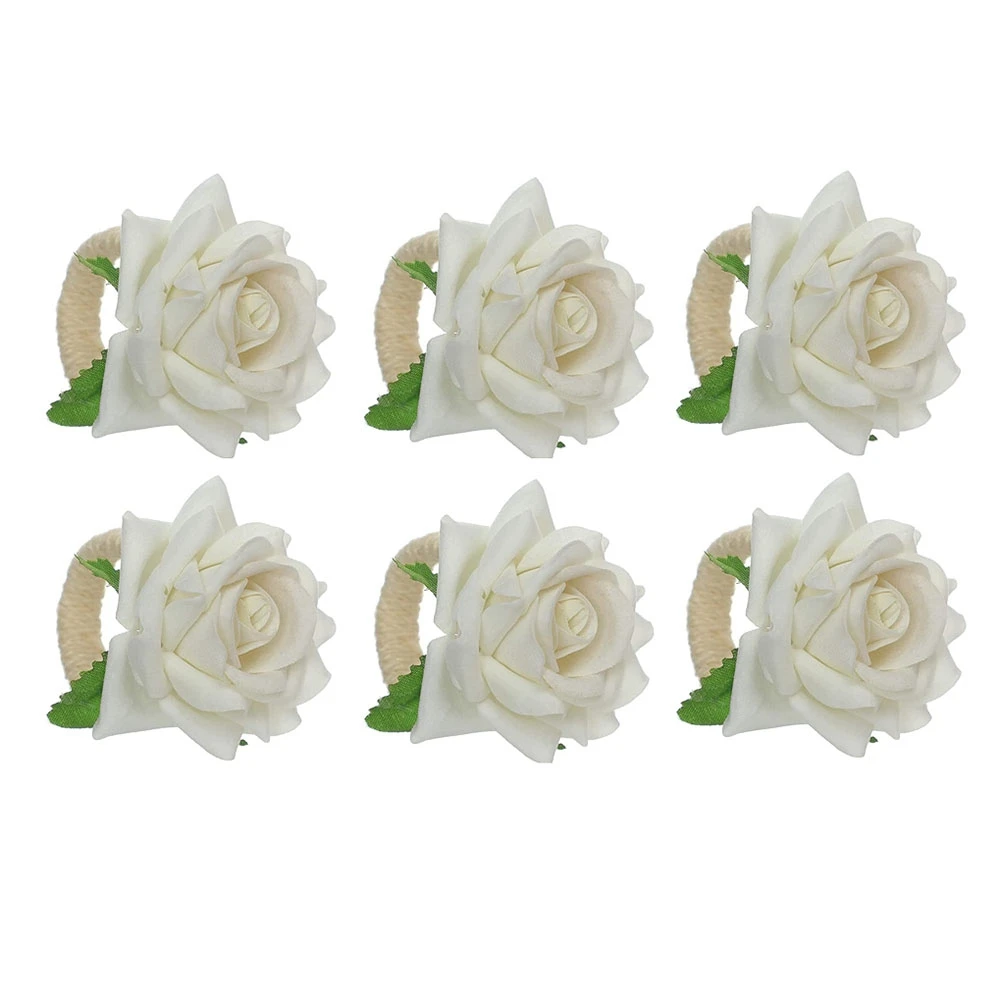 6Pcs Rose Flower Napkin Rings,Handicraft Silk Flower Napkin Holder,Valentine's,Dinner Tables Decoration (White)