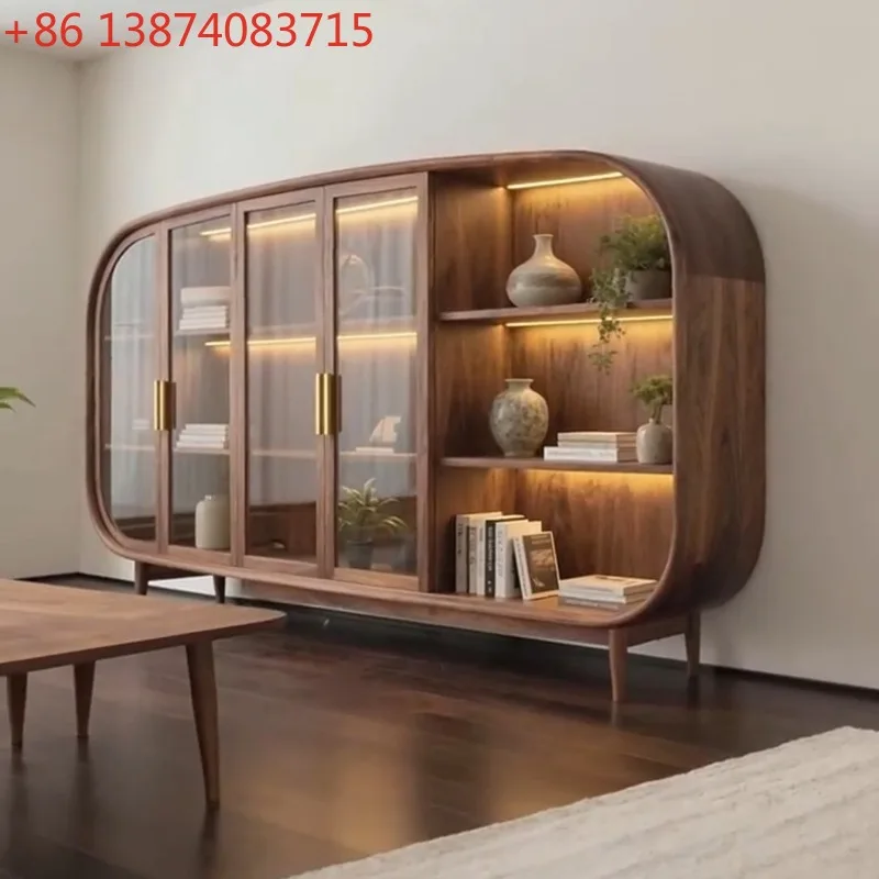 Black walnut solid wood bookcase, wall storage glass door combination display case