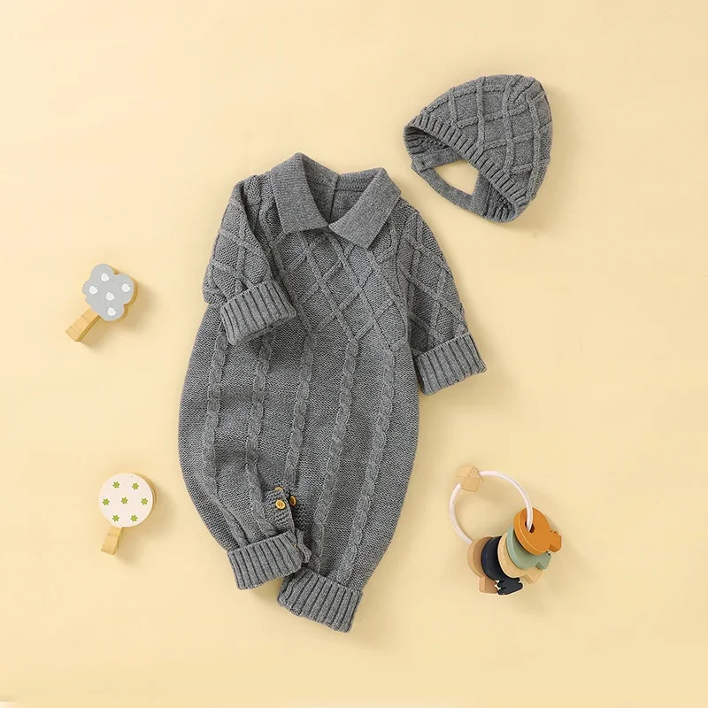 Newborn Boys Turtle Neck Long Sleeves Jumpsuits Hats Outfits Sets Winter Infant Outwear Playsuits 0-18m Autumn Baby Rompers Knit