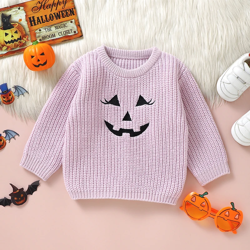 Toddler Kids Clothes Girls Autumn Winter Knit Sweaters Halloween Long Sleeve Pumpkin Print Pullover Knitwear Warm Tops Outwear