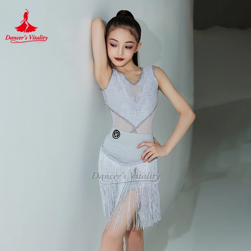 Teenagers Latin Black Sleeveless Jumpsuit+Fringed Skirt Training Sets Dancer's Vitality Children Chacha Grey Practise Clothing