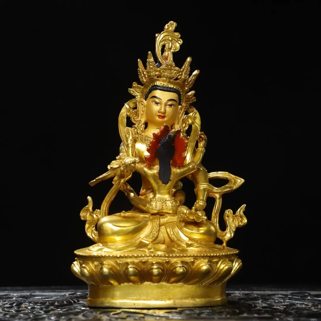 Happy Buddha Brass Gold Gilded Yellow Jambhala Dual Deity Home Temple Desk Decor Vintage Craft