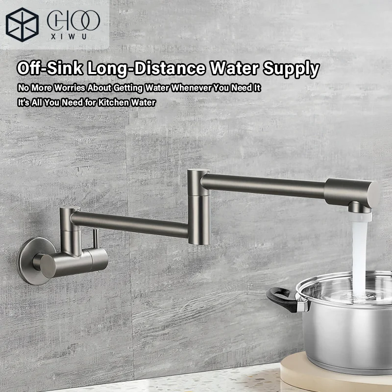 Kitchen Stacked Faucet, Swivel Hearth, Extendable and Rotating Cold Water Faucet, Hot and Cold Water Inlets, Wall-Mounted Stainl