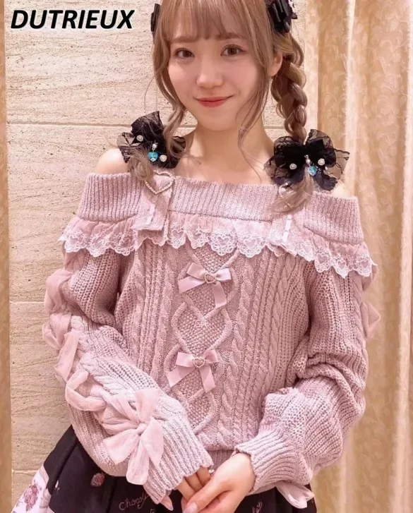 Autumn Winter New Cute Girl Versatile Sweater Japanese Mine Off-the-shoulder Sweet Suspender Lace Sexy and Thin Knitted Pullover